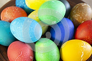 Colorful Easter eggs background close up texture surface