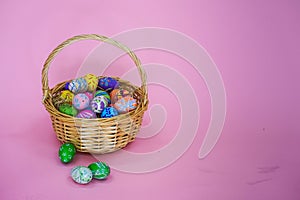 The colorful Easter eggs in the basker