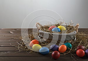 Colorful easter eggs in a basket