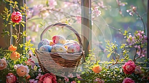 Colorful easter eggs in a basket on a background of spring flowers