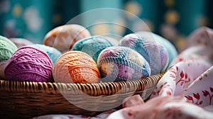 Colorful easter eggs in a basket on a bed, AI