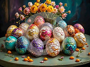 Colorful easter eggs in basket with colorful flowers on fabric tablecloth, green background