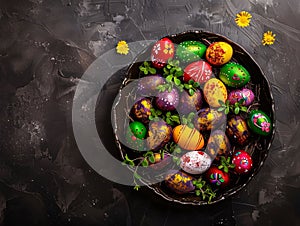 Colorful Easter eggs in a basket on a dark background, top view