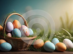 Colorful Easter eggs in the basket and flowers on natural background