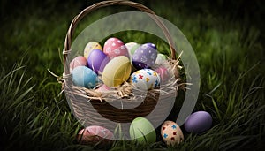Colorful Easter Eggs in a Basket on Green Grass