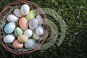 Colorful easter eggs in a basket on green grass background
