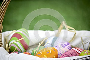 Colorful Easter eggs in the basket on green grass at the yard   festival and holiday spring coming  Easter calibration