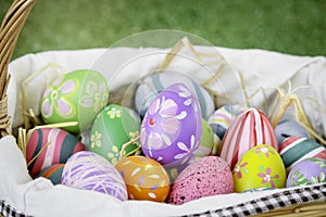 Colorful Easter eggs in the basket on green grass at the yard   festival and holiday spring coming  Easter calibration