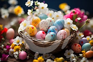 Colorful easter eggs in a basket surrounded by flowers in a vibrant grass field, easter candles image