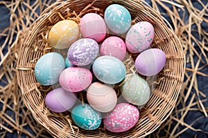 Colorful easter eggs in basket on wooden background, top view