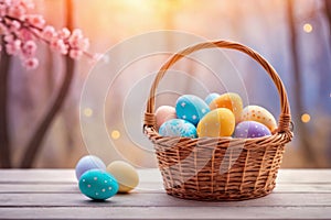 colorful Easter eggs in basket on wooden table and blooming garden on the background