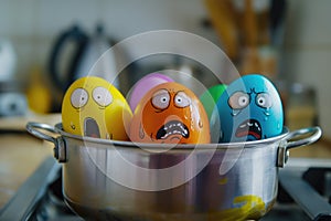 Colorful Easter eggs being boiled in a metal pot, with comical frightened faces, creating a humorous scene