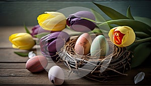 Colorful easter eggs in bird nest with colorful tulips on wooden table. Greeting card for Easter holidays. Spring time