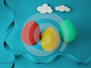 Colorful easter eggs on blue background. 3D Illustration