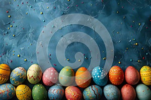 Colorful easter eggs on a blue background with space for text at the top. a border of colorful easter eggs frames the flat la