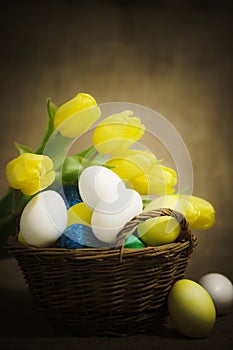 Colorful Easter eggs on a brown background