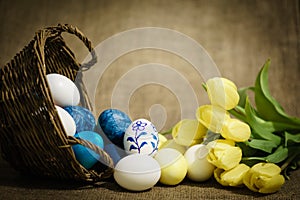 Colorful Easter eggs on a brown background