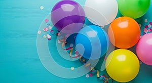 Colorful easter eggs and confetti on a bright blue wooden background