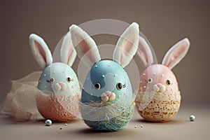 Colorful Easter Eggs with Cute Bunny Ears Painted In Pastel Shades against a Soft, Blurred Background
