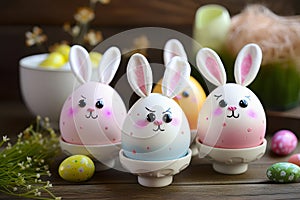 Colorful Easter Eggs with Cute Bunny Ears Painted In Pink and Blue Shades against a Soft, Blurred Background