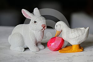 Colorful Easter Eggs with Cute Easter Rabbit and Easter Duck