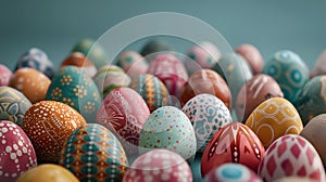 Colorful Easter eggs with cute hand drawn patterns on a plain green background with blank space for text at the upper part of the