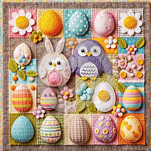 Colorful Easter eggs and cute owls on a patchwork background photo