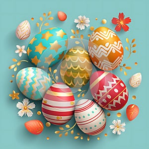 Colorful Easter eggs with cute patterns and little spring flowers on a plain blue background. Generated AI