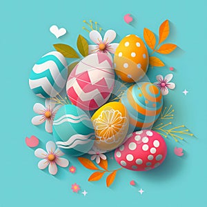 Colorful Easter eggs with cute patterns and little spring flowers on a plain blue background. Generated AI