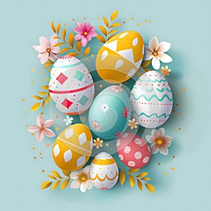 Colorful Easter eggs with cute patterns and little spring flowers on a plain blue background. Generated AI