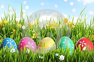 Colorful Easter eggs and daffodil flowers in grass against blue sky