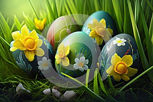 Colorful Easter eggs decorated with daffodils on the grass in sunny - Generative AI