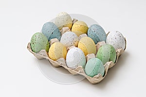 Colorful easter eggs decoration on white table background