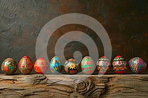 Colorful Easter eggs displayed on a rustic wooden table