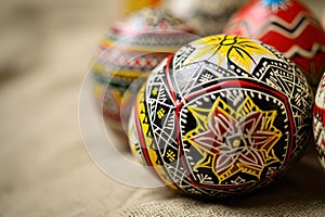 Colorful Easter eggs displayed on table as festive ornaments