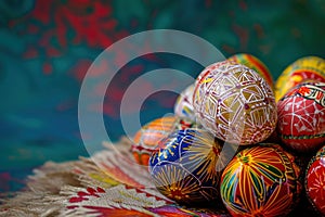 Colorful Easter eggs displayed on table for holiday event