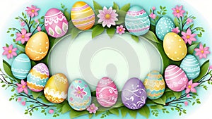 Colorful Easter eggs and egg shaped frame made of spring pastel colored flowers on a light blue background.