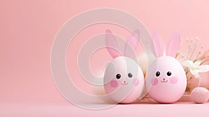 Colorful Easter Eggs Flat Lay on Pink Background with Bunny Decorations, place for inscription