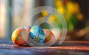 Colorful Easter eggs with floral patterns on a wooden surface, blurred spring flowers in the background.