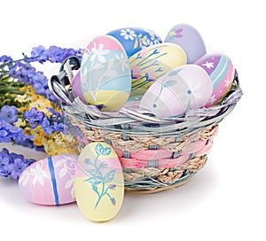 Colorful Easter Eggs, Flowers and Basket