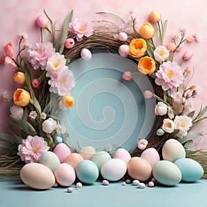 Colorful Easter eggs and flowers on blue pastel background.