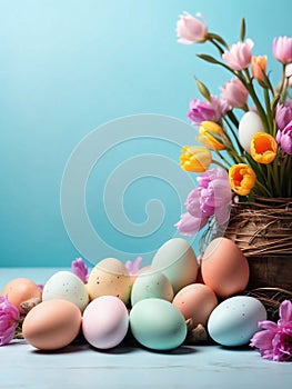 Colorful Easter eggs flowers on blue pastel background.