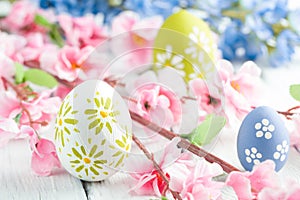 Colorful easter eggs and flowers