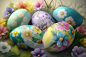 Colorful Easter eggs with flowers decor on them. Flowers around on green grass. Generative Ai