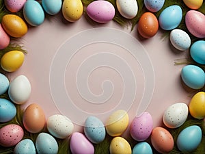 Colorful Easter eggs frame on pink pastel background top view