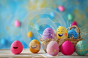 Colorful Easter eggs and funny faces inside basket, Colorful Easter eggs and basket
