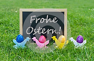 Colorful Easter eggs and german text: happy easter