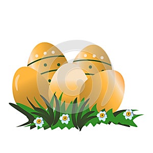 Colorful Easter Eggs,gold color, green grass and flowers