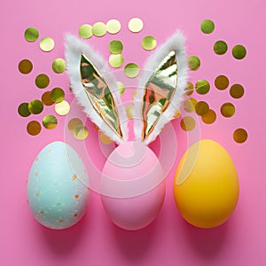 Colorful Easter eggs, golden confetti, pink background, festive bunny ears