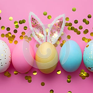 Colorful Easter eggs, golden confetti, pink background, festive bunny ears